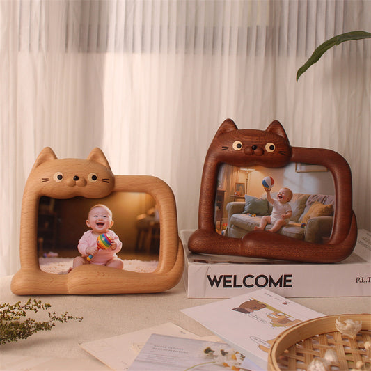 Cute Cat Wooden Photo Frame - Wabi-Sabi Style Wood Picture Frame for Home Decor