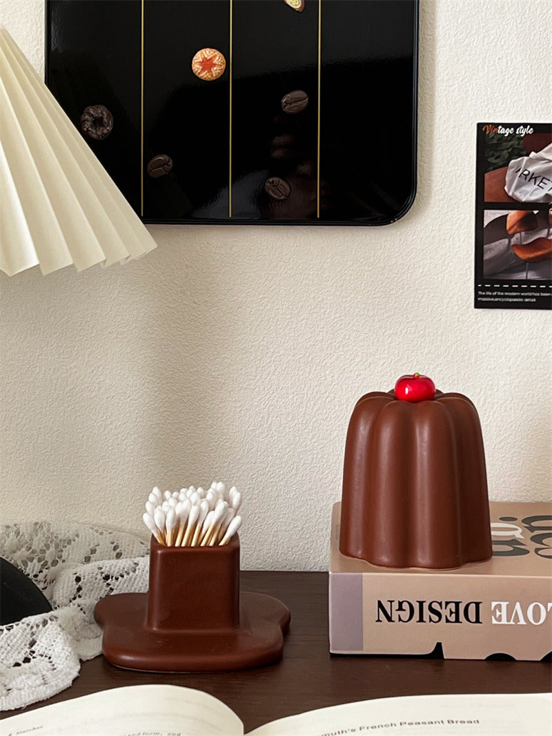 Cute Chocolate Pudding Shape Cotton Swab Q-Tip Holder,Toothpick Storage Jar,Dessert Themed Bathroom Vanity Organizer