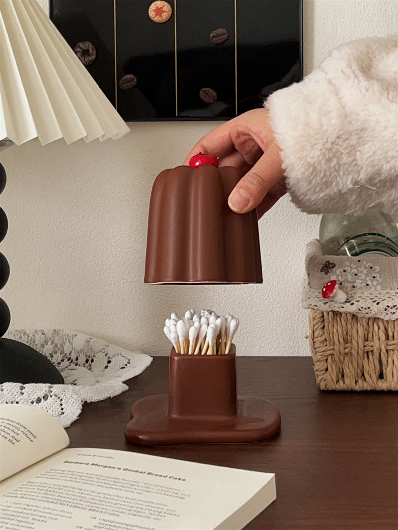 Cute Chocolate Pudding Shape Cotton Swab Q-Tip Holder,Toothpick Storage Jar,Dessert Themed Bathroom Vanity Organizer