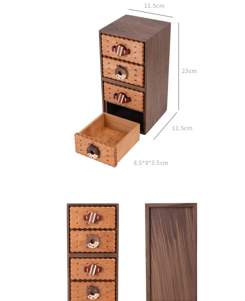 Cute Cookie Walnut Wood Mini Drawer Cabinet - Desktop Organizer for Jewelry & Small Items
