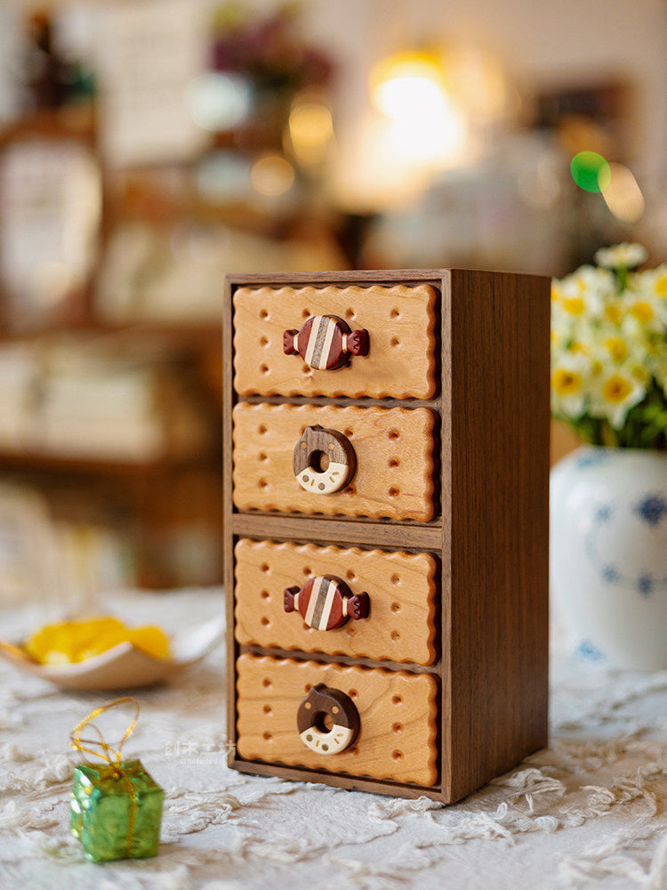 Cute Cookie Walnut Wood Mini Drawer Cabinet - Desktop Organizer for Jewelry & Small Items