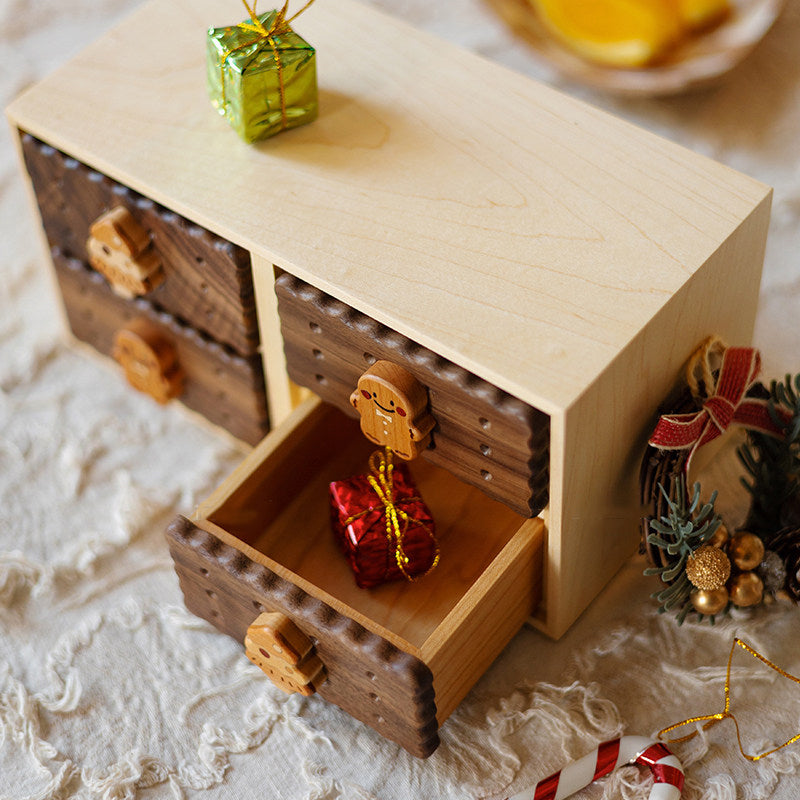 Cute Cookie Walnut Wood Mini Drawer Cabinet - Desktop Organizer for Jewelry & Small Items