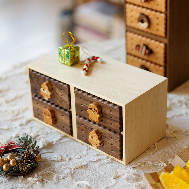 Cute Cookie Walnut Wood Mini Drawer Cabinet - Desktop Organizer for Jewelry & Small Items