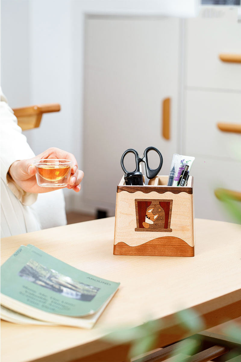 Cute Corgi Multi-compartment Wooden Desk Organizer & Pen Holder for Office Home School Decor Gift