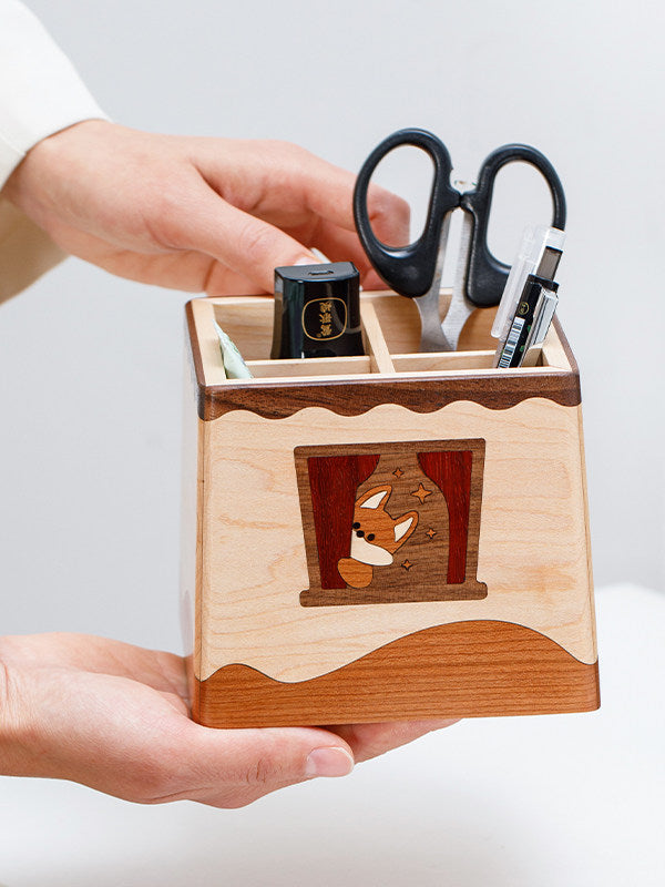 Cute Corgi Multi-compartment Wooden Desk Organizer & Pen Holder for Office Home School Decor Gift
