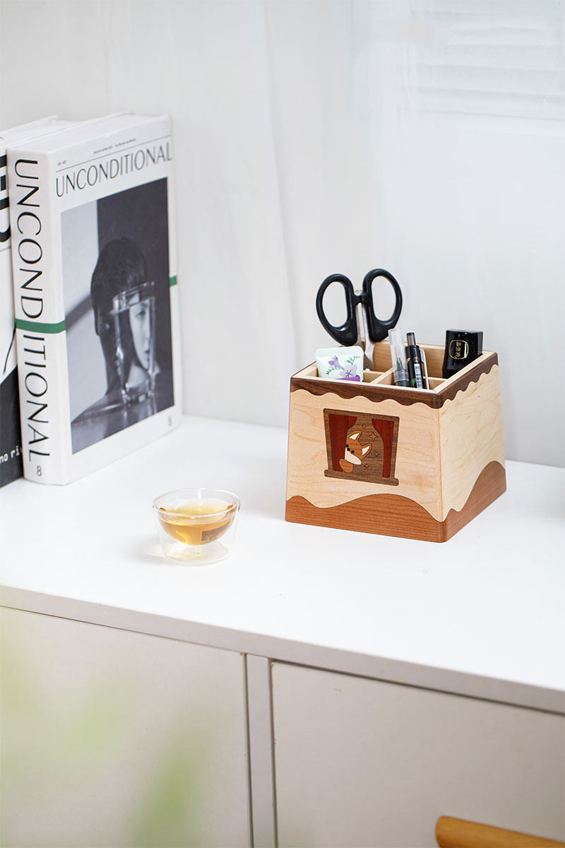 Cute Corgi Multi-compartment Wooden Desk Organizer & Pen Holder for Office Home School Decor Gift