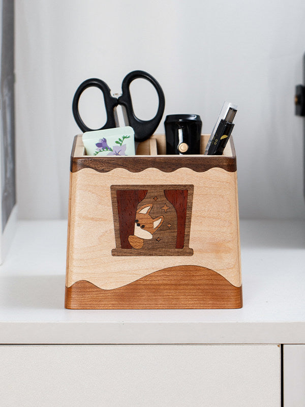 Cute Corgi Multi-compartment Wooden Desk Organizer & Pen Holder for Office Home School Decor Gift