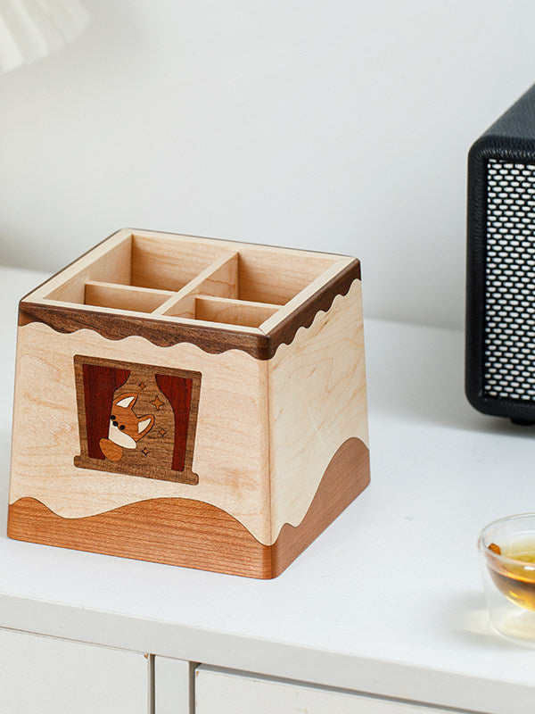 Cute Corgi Multi-compartment Wooden Desk Organizer & Pen Holder for Office Home School Decor Gift