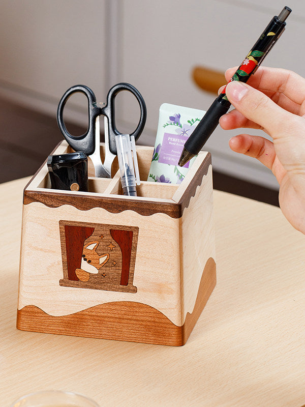 Cute Corgi Multi-compartment Wooden Desk Organizer & Pen Holder for Office Home School Decor Gift