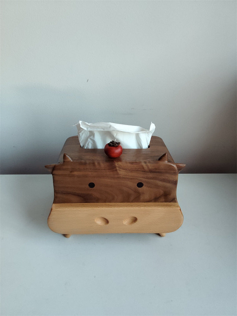 Cute Cow Black Walnut Wood Tissue Box - Multifunctional Desktop Organizer with Phone Stand