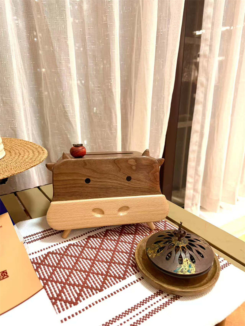 Cute Cow Black Walnut Wood Tissue Box - Multifunctional Desktop Organizer with Phone Stand