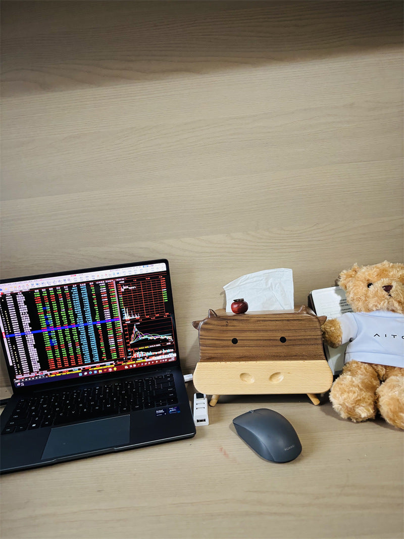 Cute Cow Black Walnut Wood Tissue Box - Multifunctional Desktop Organizer with Phone Stand