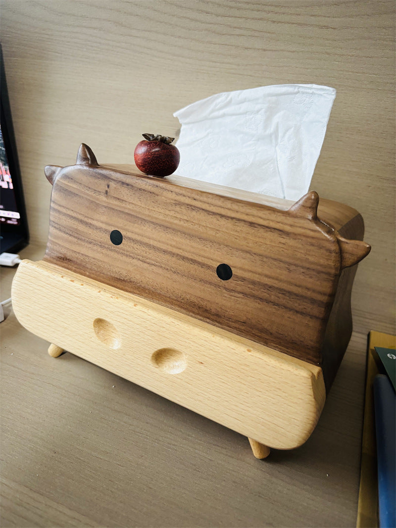 Cute Cow Black Walnut Wood Tissue Box - Multifunctional Desktop Organizer with Phone Stand