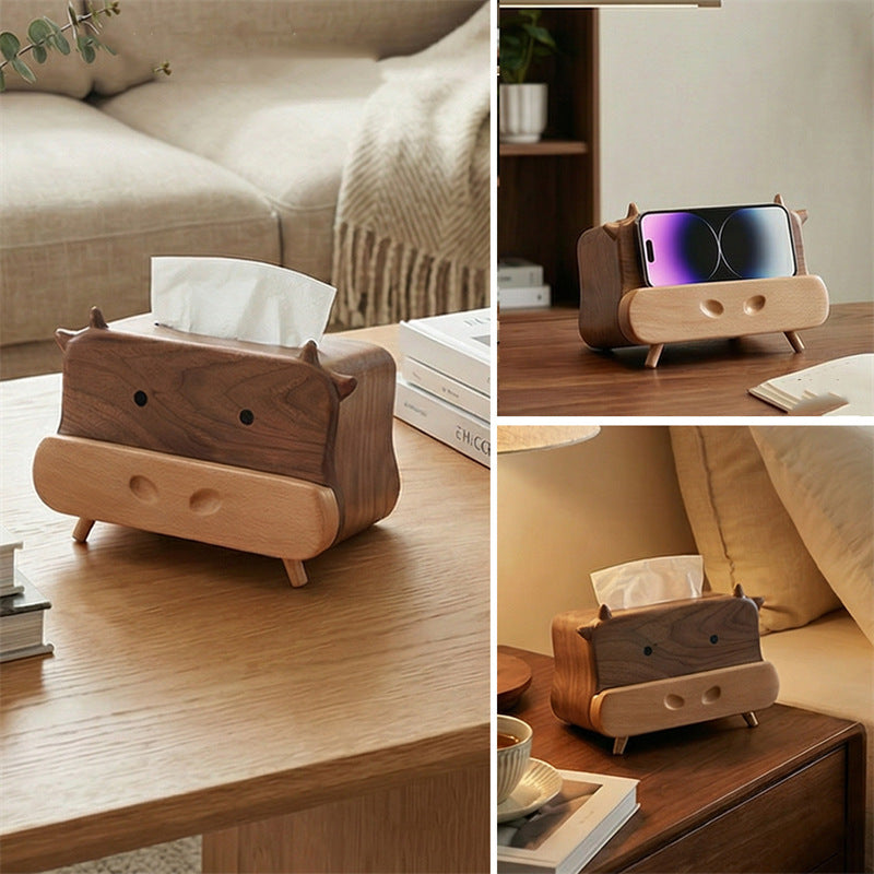 Cute Cow Black Walnut Wood Tissue Box - Multifunctional Desktop Organizer with Phone Stand