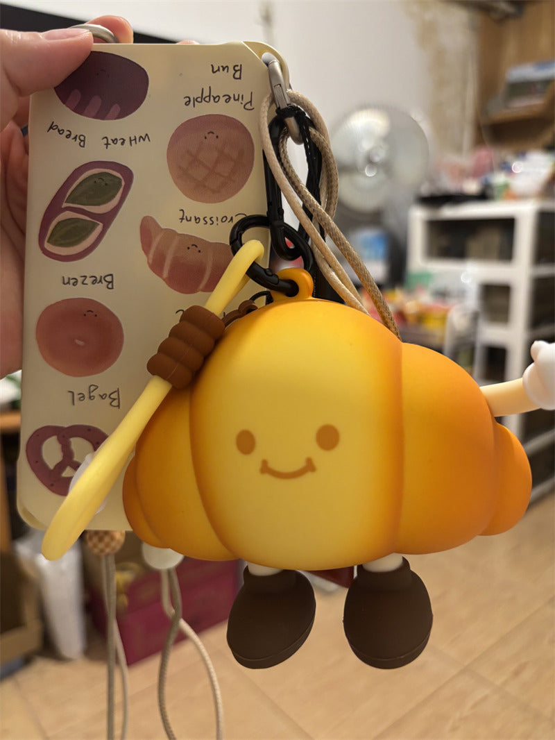 Cute Croissant-Shaped Mini Silicone Zipper Pouch, Smiling Bread Keychain Bag, Small Coin Purse & Earbud Case