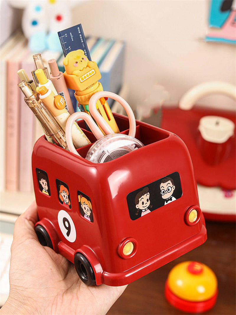 Cute Double‑Decker Bus Pen Holder, Cartoon Bus‑Shaped Desk Organizer, Fun School Supply Decor
