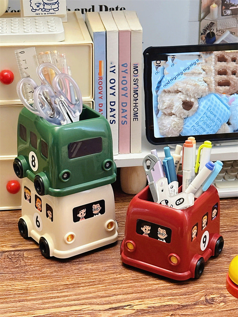 Cute Double‑Decker Bus Pen Holder, Cartoon Bus‑Shaped Desk Organizer, Fun School Supply Decor