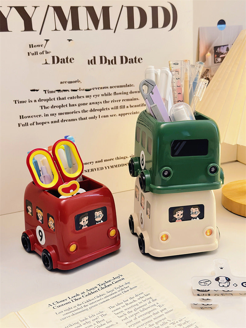 Cute Double‑Decker Bus Pen Holder, Cartoon Bus‑Shaped Desk Organizer, Fun School Supply Decor