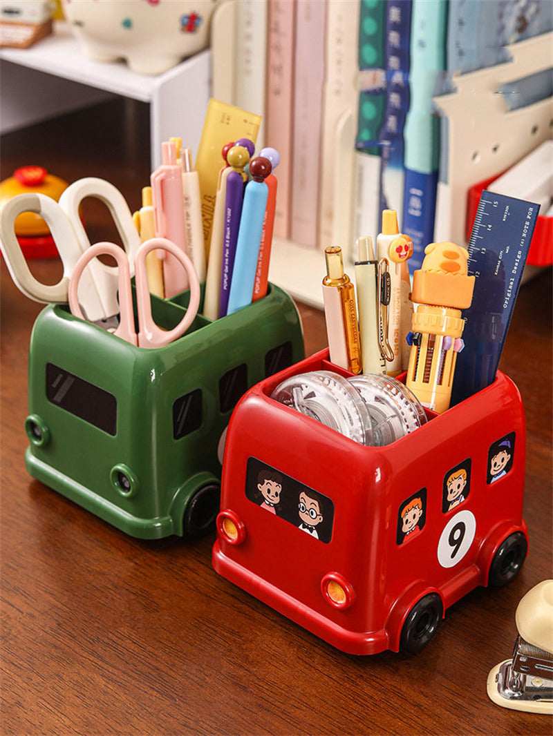 Cute Double‑Decker Bus Pen Holder, Cartoon Bus‑Shaped Desk Organizer, Fun School Supply Decor