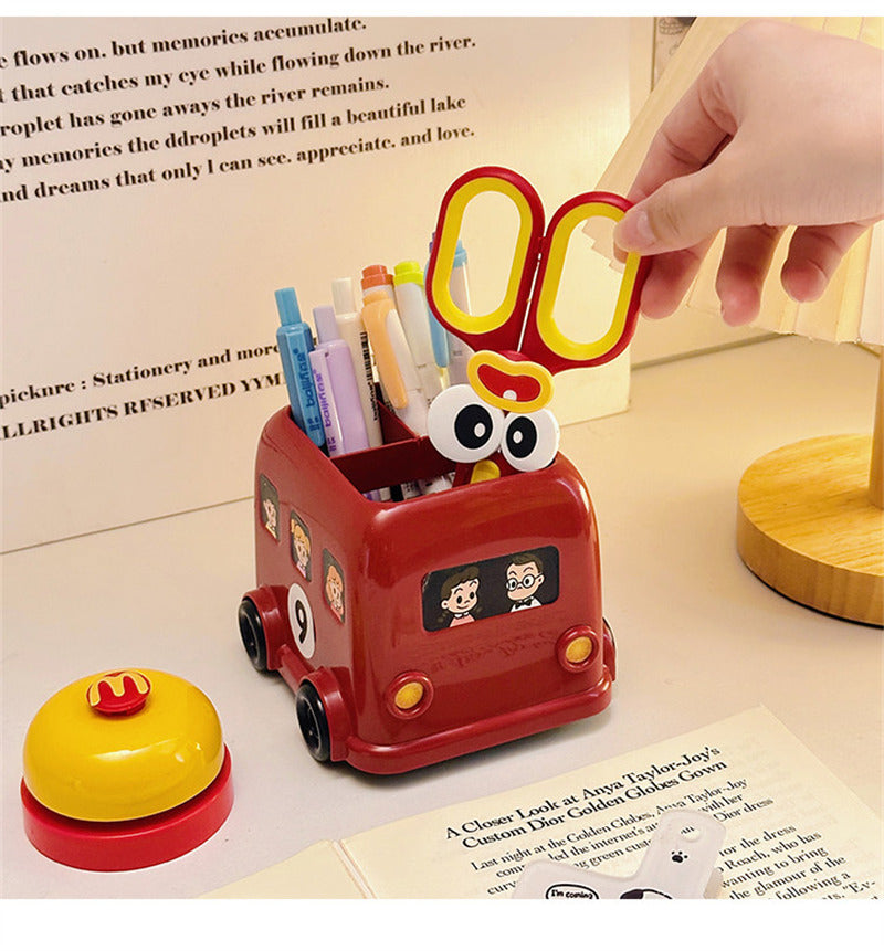 Cute Double‑Decker Bus Pen Holder, Cartoon Bus‑Shaped Desk Organizer, Fun School Supply Decor