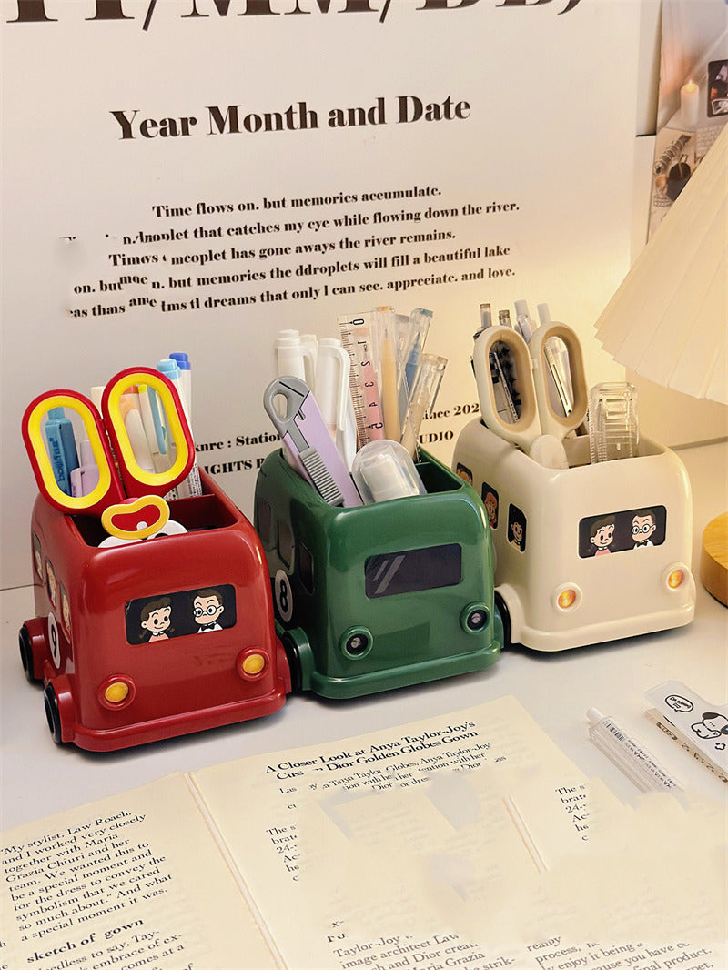 Cute Double‑Decker Bus Pen Holder, Cartoon Bus‑Shaped Desk Organizer, Fun School Supply Decor