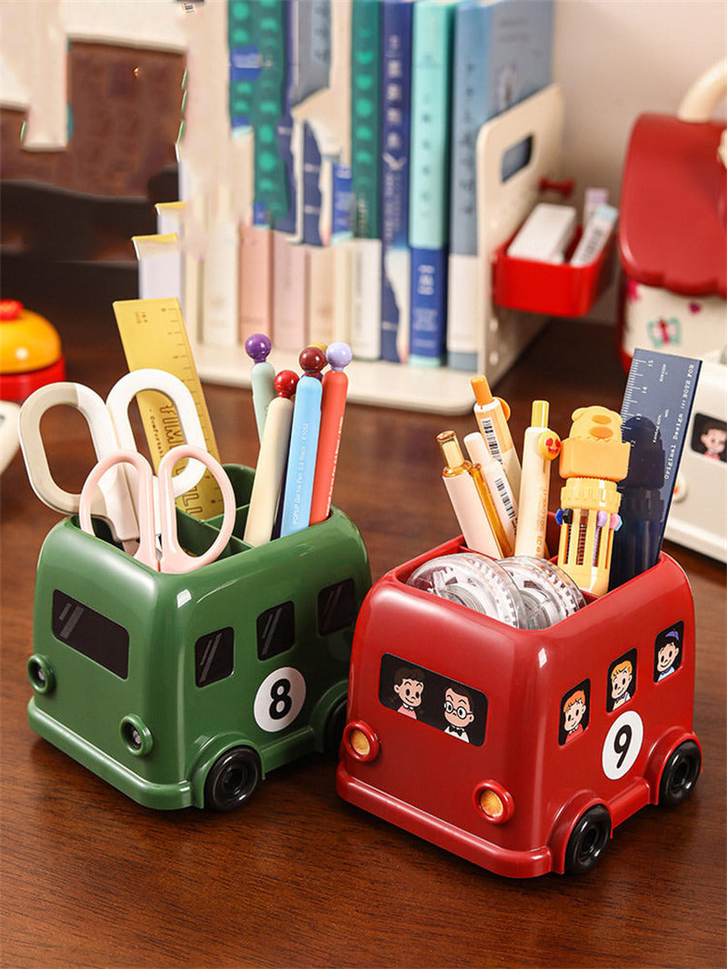 Cute Double‑Decker Bus Pen Holder, Cartoon Bus‑Shaped Desk Organizer, Fun School Supply Decor