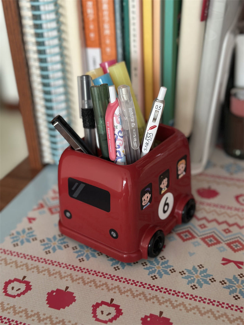 Cute Double‑Decker Bus Pen Holder, Cartoon Bus‑Shaped Desk Organizer, Fun School Supply Decor