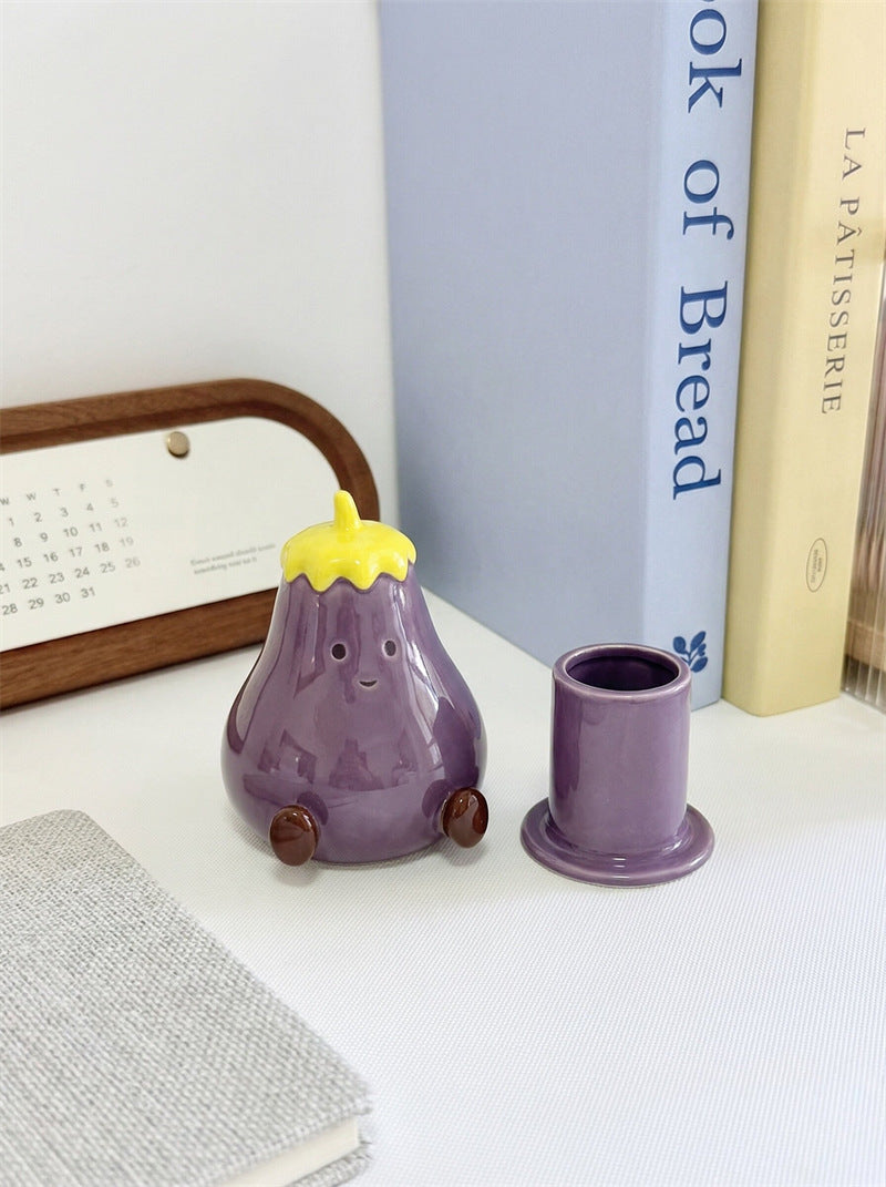 Cute Eggplant Ceramic Toothpick Holder - Cartoon Vegetable Tabletop Organizer