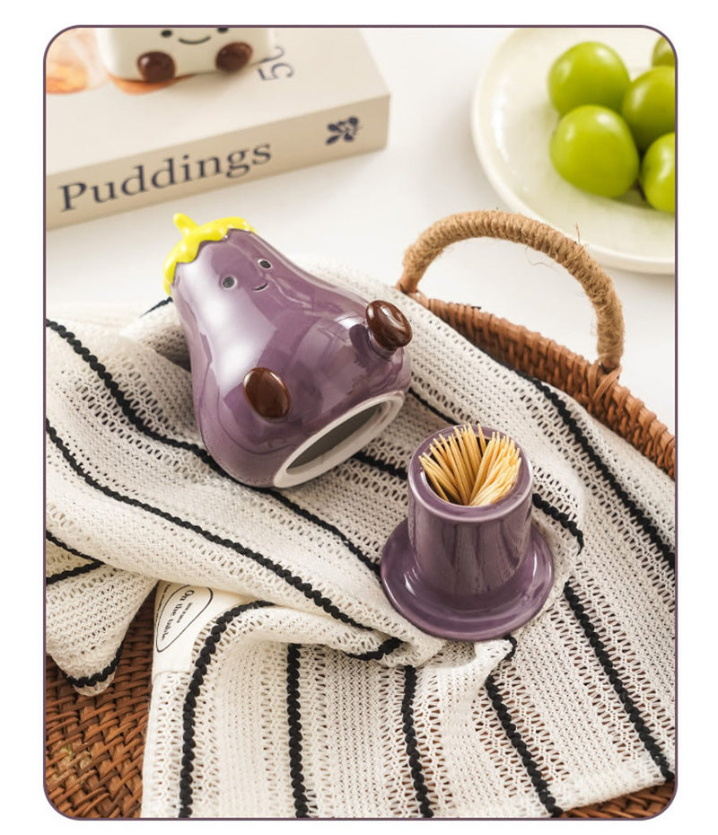 Cute Eggplant Ceramic Toothpick Holder - Cartoon Vegetable Tabletop Organizer