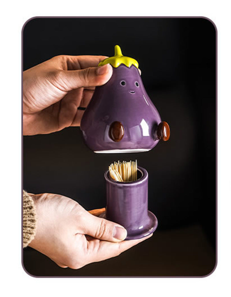 Cute Eggplant Ceramic Toothpick Holder - Cartoon Vegetable Tabletop Organizer