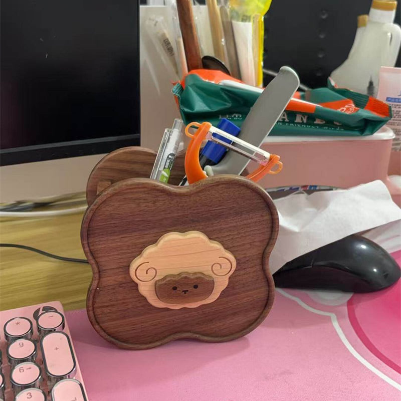 Cute Sheep Wooden Pen Holder - Black Walnut Wood Office Desktop Organizer