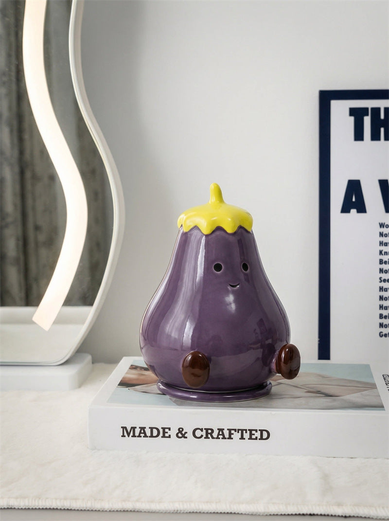 Cute Eggplant Ceramic Toothpick Holder - Cartoon Vegetable Tabletop Organizer