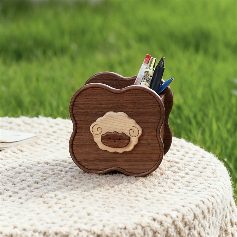 Cute Sheep Wooden Pen Holder - Black Walnut Wood Office Desktop Organizer