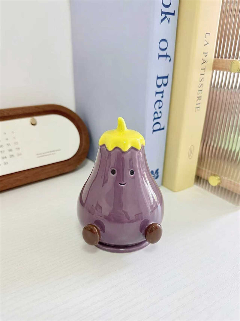 Cute Eggplant Ceramic Toothpick Holder - Cartoon Vegetable Tabletop Organizer