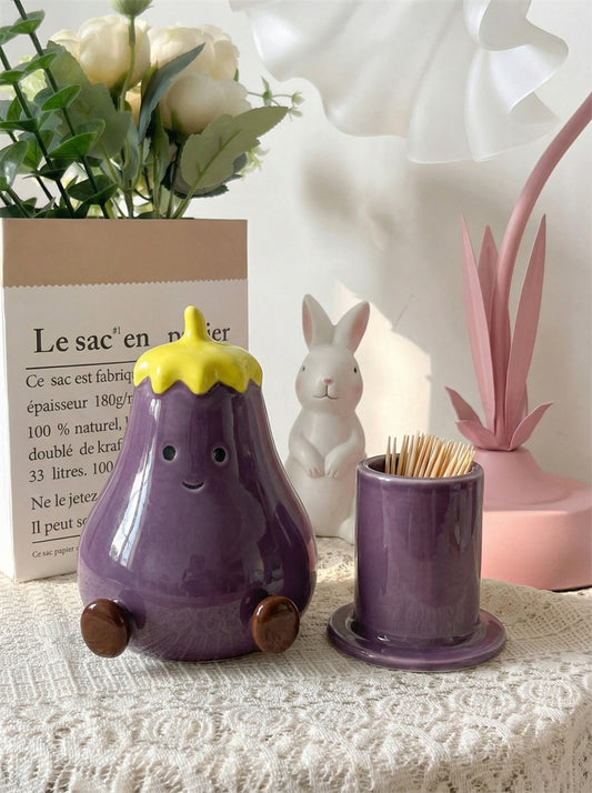 Cute Eggplant Ceramic Toothpick Holder - Cartoon Vegetable Tabletop Organizer