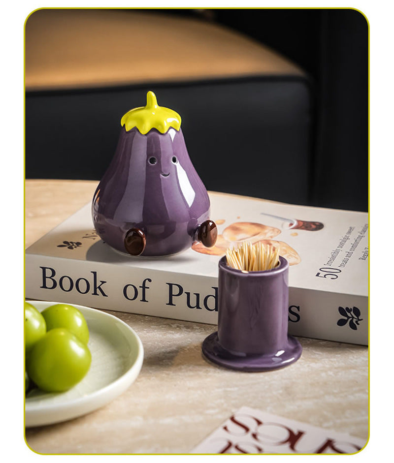 Cute Eggplant Ceramic Toothpick Holder - Cartoon Vegetable Tabletop Organizer