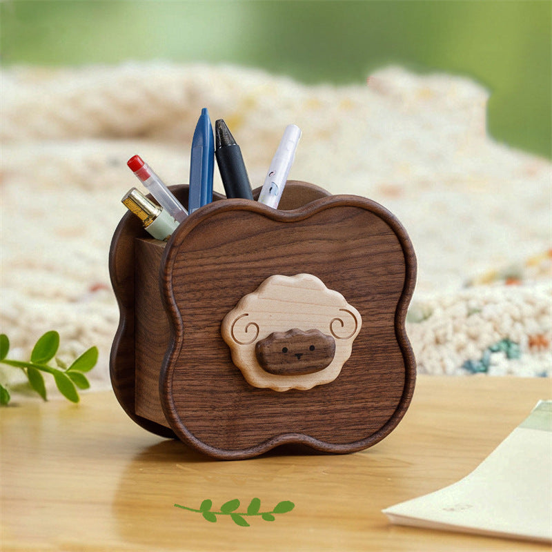 Cute Sheep Wooden Pen Holder - Black Walnut Wood Office Desktop Organizer