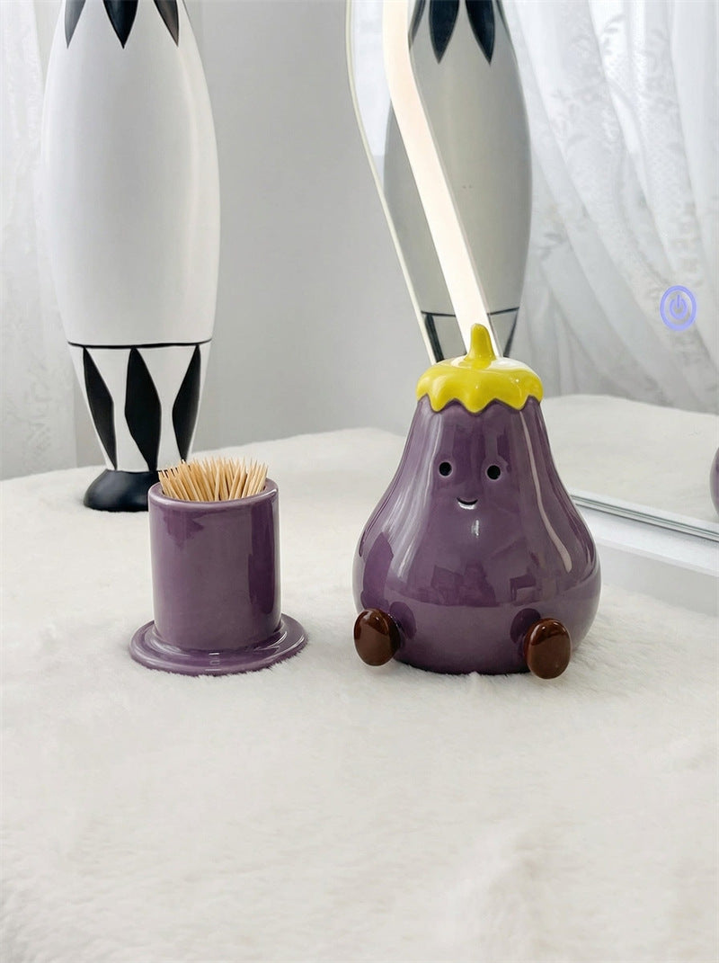 Cute Eggplant Ceramic Toothpick Holder - Cartoon Vegetable Tabletop Organizer