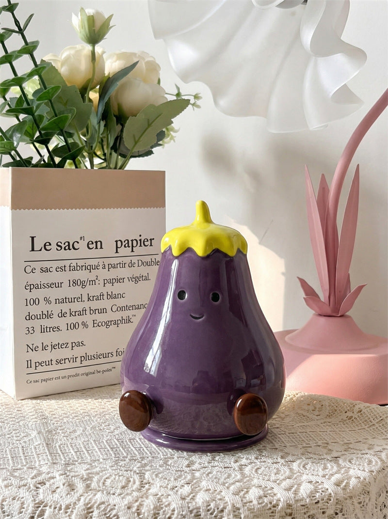 Cute Eggplant Ceramic Toothpick Holder - Cartoon Vegetable Tabletop Organizer