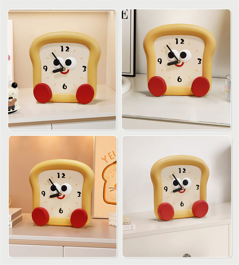 Cute Toast-Shaped Table Clock - Smiling Face Decorative Clock for Kids' Room & Kitchen
