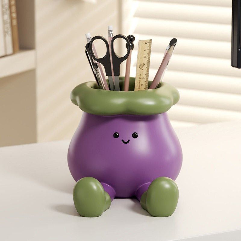 Cute Eggplant-Shaped Pen Holder & Phone Stand - Desktop Organizer for Office & Home