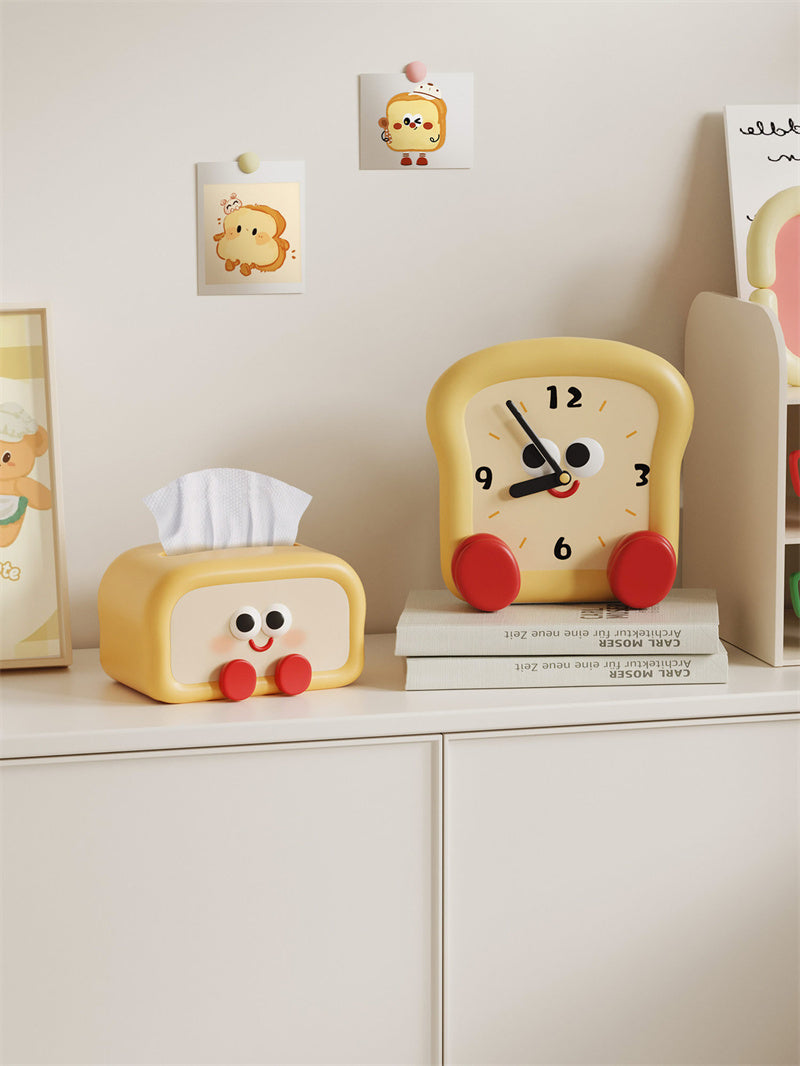 Cute Toast-Shaped Table Clock - Smiling Face Decorative Clock for Kids' Room & Kitchen