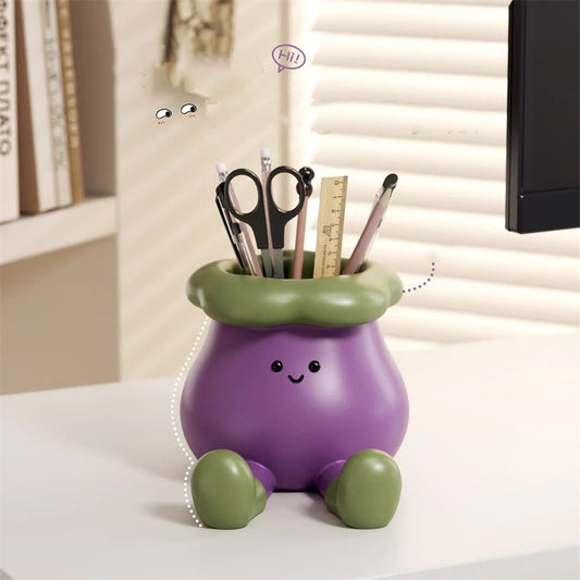 Cute Eggplant-Shaped Pen Holder & Phone Stand - Desktop Organizer for Office & Home