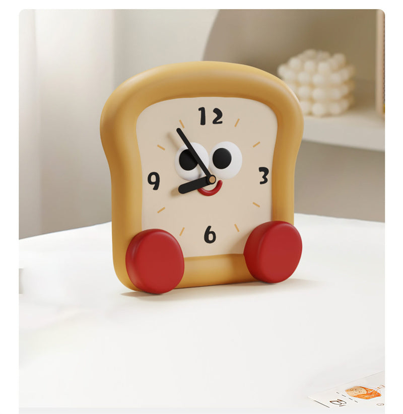 Cute Toast-Shaped Table Clock - Smiling Face Decorative Clock for Kids' Room & Kitchen