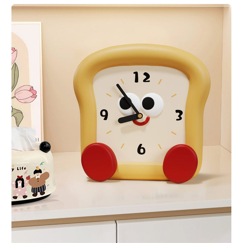 Cute Toast-Shaped Table Clock - Smiling Face Decorative Clock for Kids' Room & Kitchen