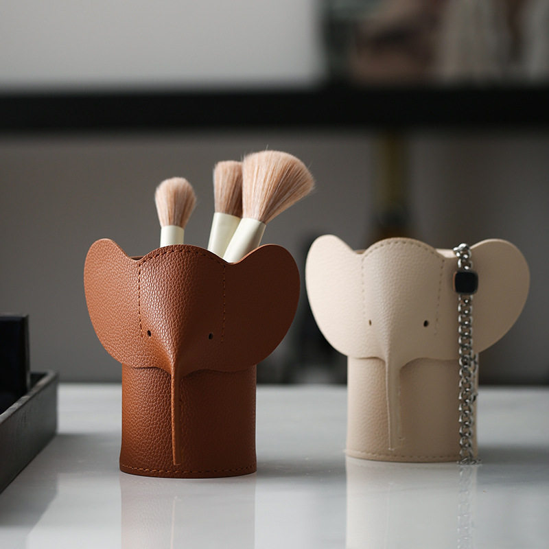 Cute Elephant Faux Leather Makeup Brush Holder, Leather Elephant Office Pen Holder, Desktop Vanity Storage Organizer