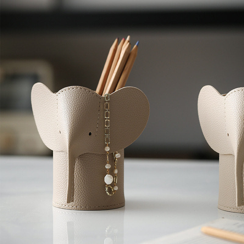 Cute Elephant Faux Leather Makeup Brush Holder, Leather Elephant Office Pen Holder, Desktop Vanity Storage Organizer