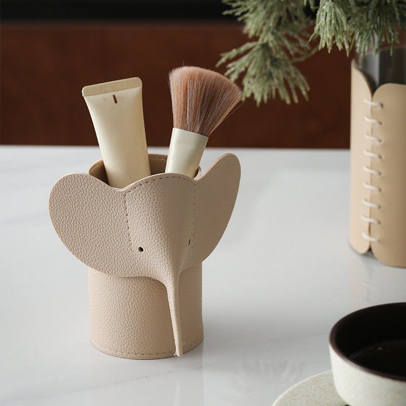 Cute Elephant Faux Leather Makeup Brush Holder, Leather Elephant Office Pen Holder, Desktop Vanity Storage Organizer