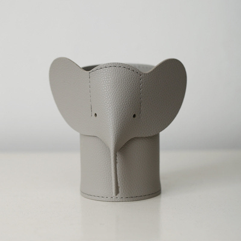 Cute Elephant Faux Leather Makeup Brush Holder, Leather Elephant Office Pen Holder, Desktop Vanity Storage Organizer
