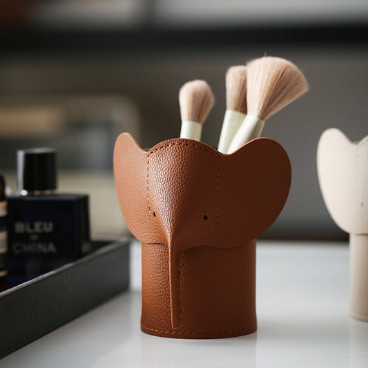 Cute Elephant Faux Leather Makeup Brush Holder, Leather Elephant Office Pen Holder, Desktop Vanity Storage Organizer